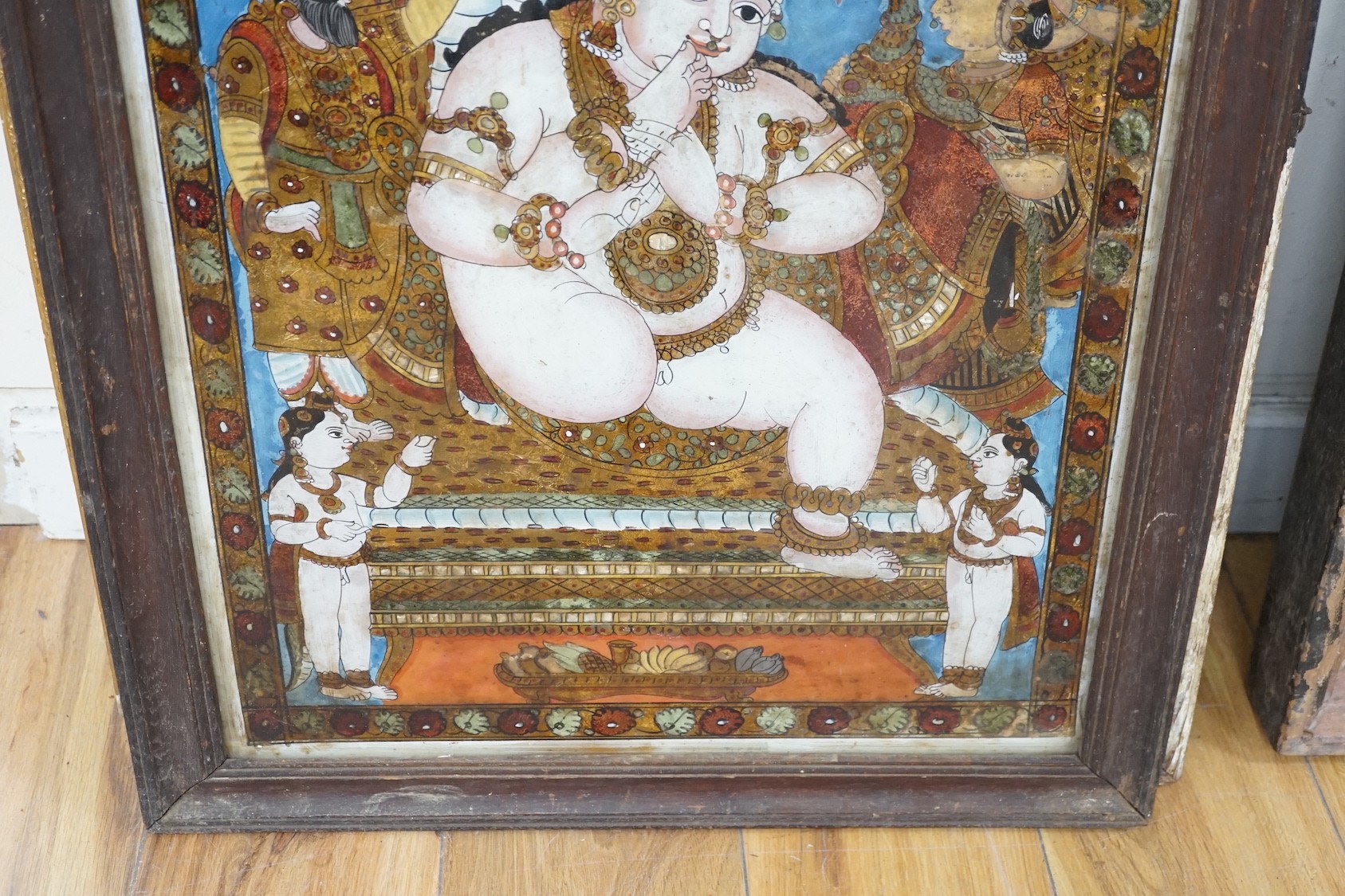Indian School c.1900, five reverse paintings on glass, Nobles, deities and other figures, largest 59 x 44cm